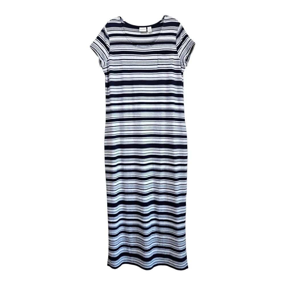 CHICO'S Zenergy 1 Women's M Maxi Dress Striped Navy Gray Side Slits Tencel Blend